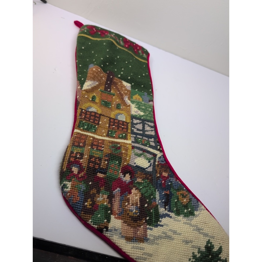 Handmade Needlepoint Christmas Stocking Victorian Village Red Velvet Back 21.5